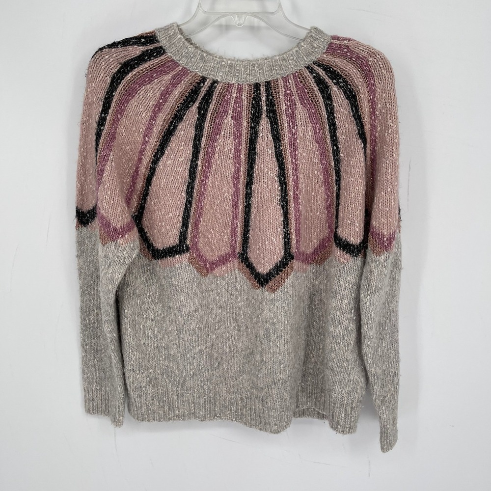 Repeat Women's Gray Pink Alpaca Wool Blend Geometric Yoke Knit Sweater Size S